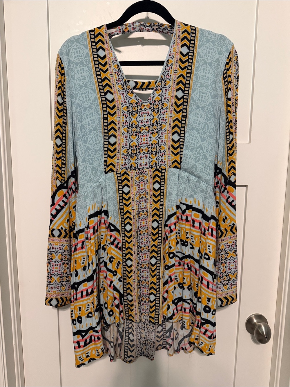 Free People Urban Outfitters Bohemian Blue Mix Print Long Bell Sleeve Mini Dress - Picture 1 of 11